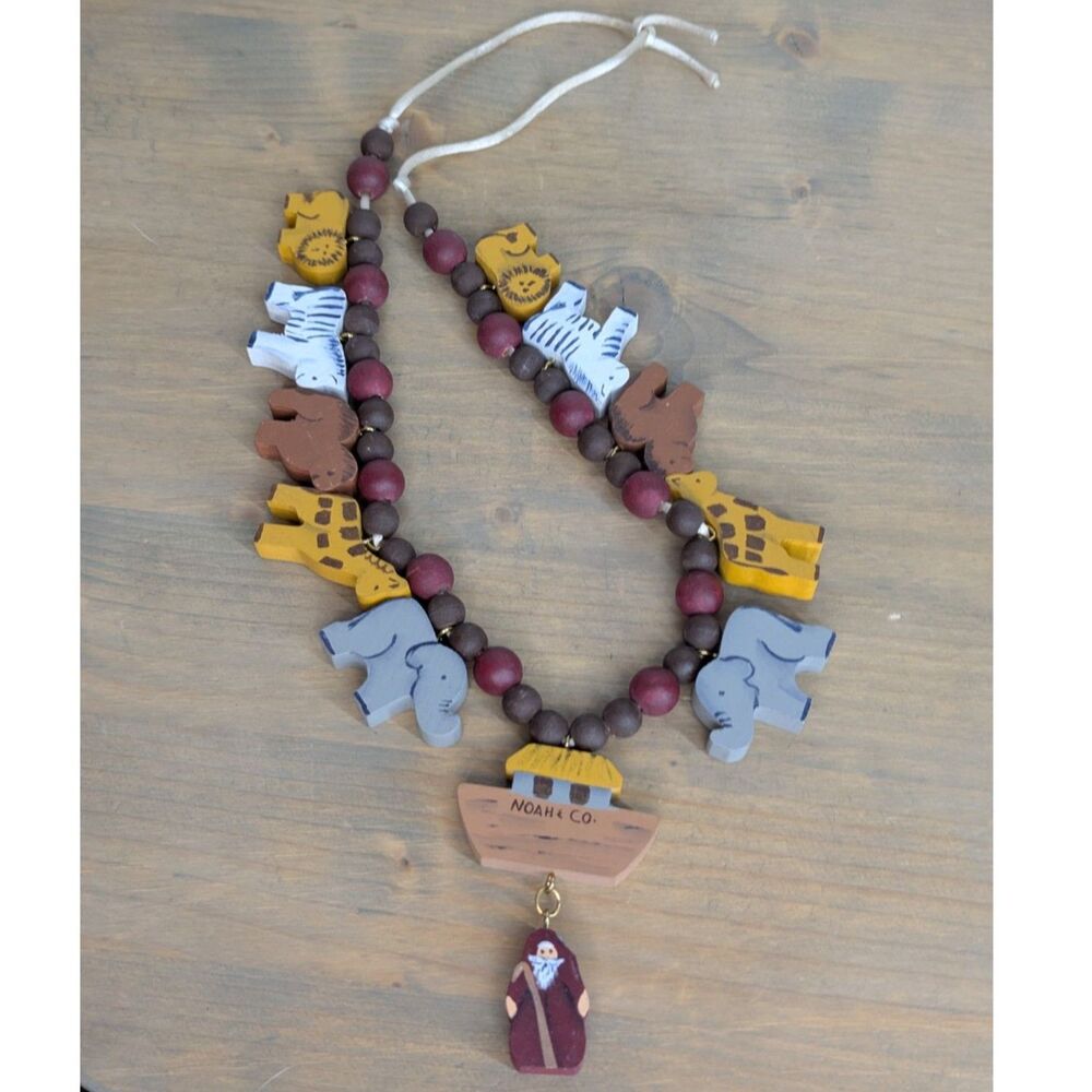 Vintage Noah's Ark Wood Bead Necklace Red Brown Animals 15" Teacher Preschool - Picture 6 of 6